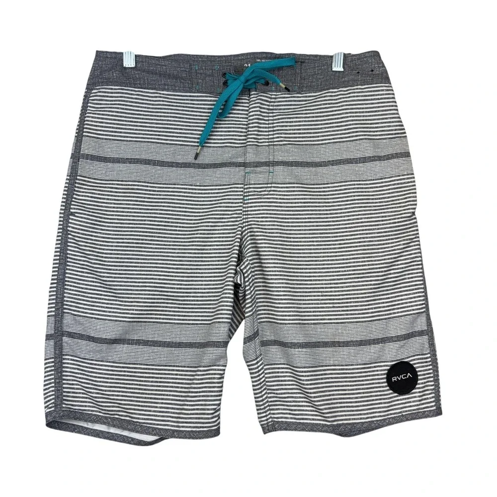 RVCA Board Shorts Mens 31 Gray Stripe Classic Non-Stretch Swim Trunks Surf